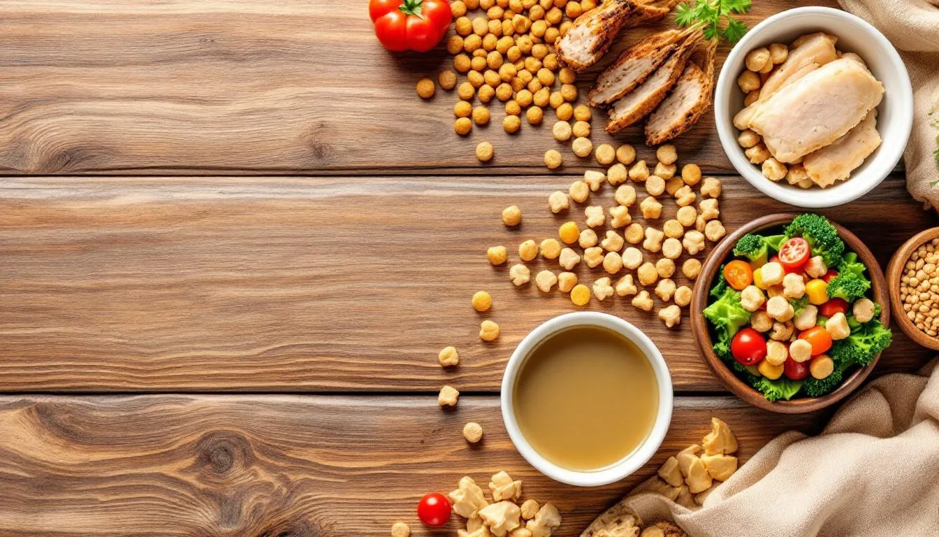 In the image, various types of dog kibble and fresh food portions are displayed on a wooden surface, showcasing a comparison of dog food options. The arrangement highlights different textures and ingredients, emphasizing the importance of balanced nutrition for dogs, including those like goldendoodles and other breeds.