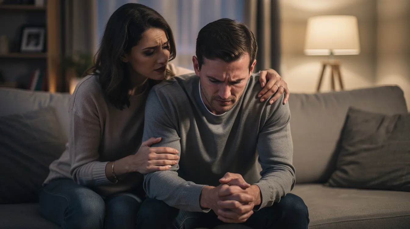 The image depicts a couple where the woman is comforting her anxious partner, who appears overwhelmed by anxiety symptoms. This scene highlights the importance of a supportive partner in managing relationship anxiety and fostering honest communication in romantic relationships.