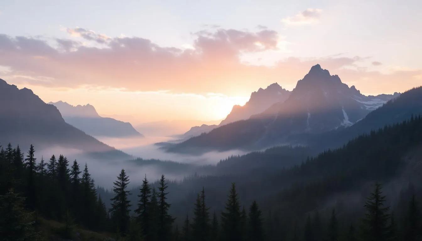 In the image, a peaceful sunrise illuminates majestic mountains, symbolizing hope and new beginnings. The warm colors of the dawn evoke a sense of love and tranquility, reminding us that in the love of God, we find strength and renewal.