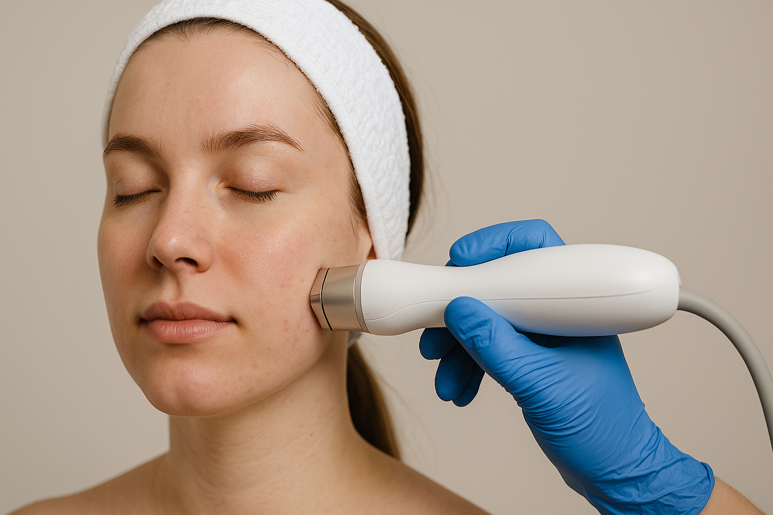 Nærbilde av kvinne som får hudbehandling med moderne apparat, fokusert på hvordan behandlingen virker på huden.