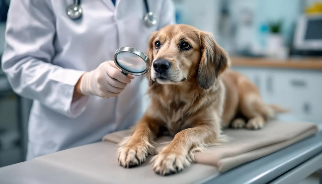 A veterinarian is closely examining a dog