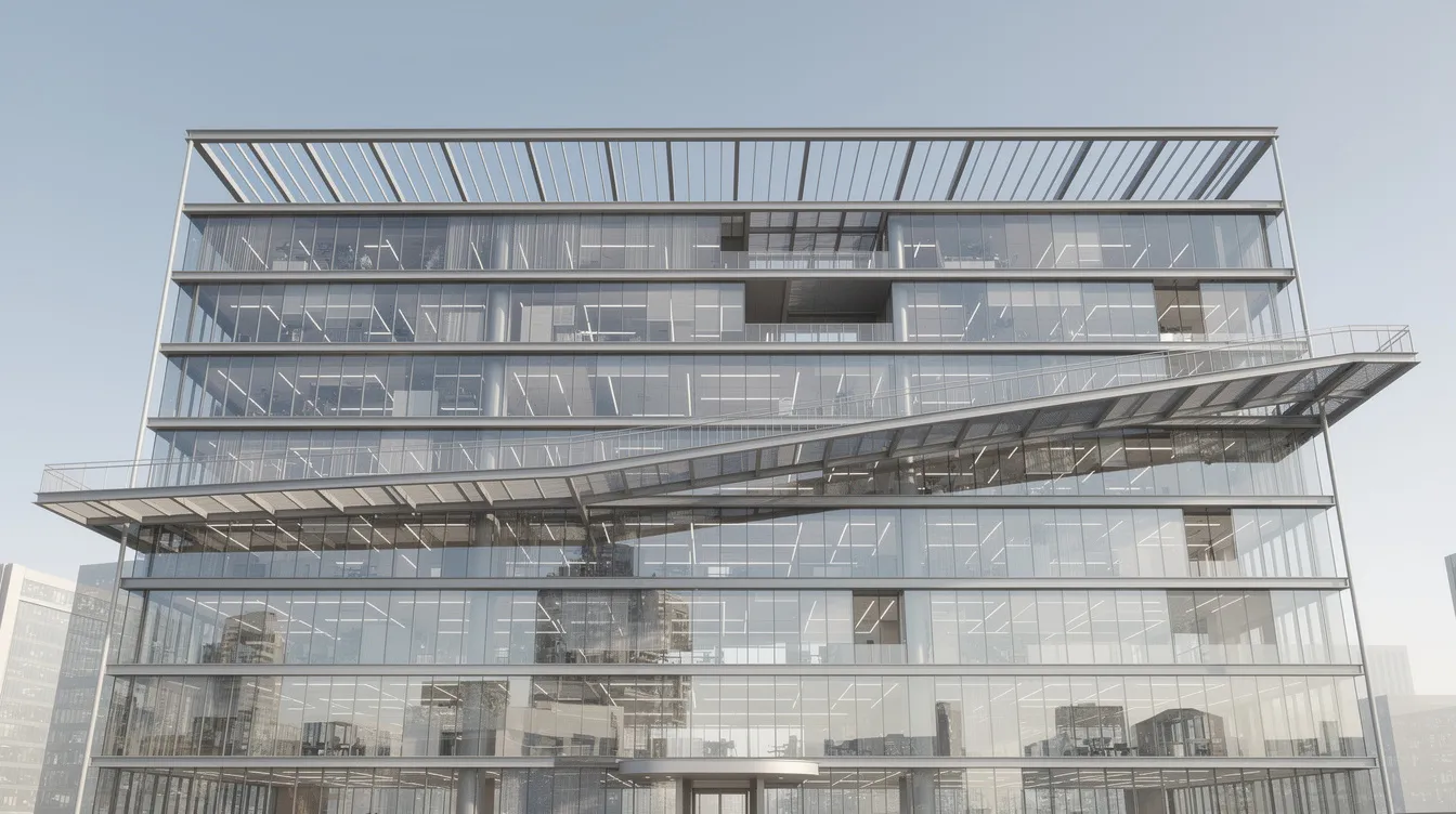 La imagen muestra un moderno edificio acristalado con distintos niveles arquitectónicos y pasillos interconectados, que simbolizan la organización estructural. Este diseño puede compararse con una estrategia de arquitectura de marca, ya que ilustra cómo varias marcas pueden coexistir de forma eficaz dentro de una cartera cohesionada para lograr un rendimiento óptimo de las mismas.