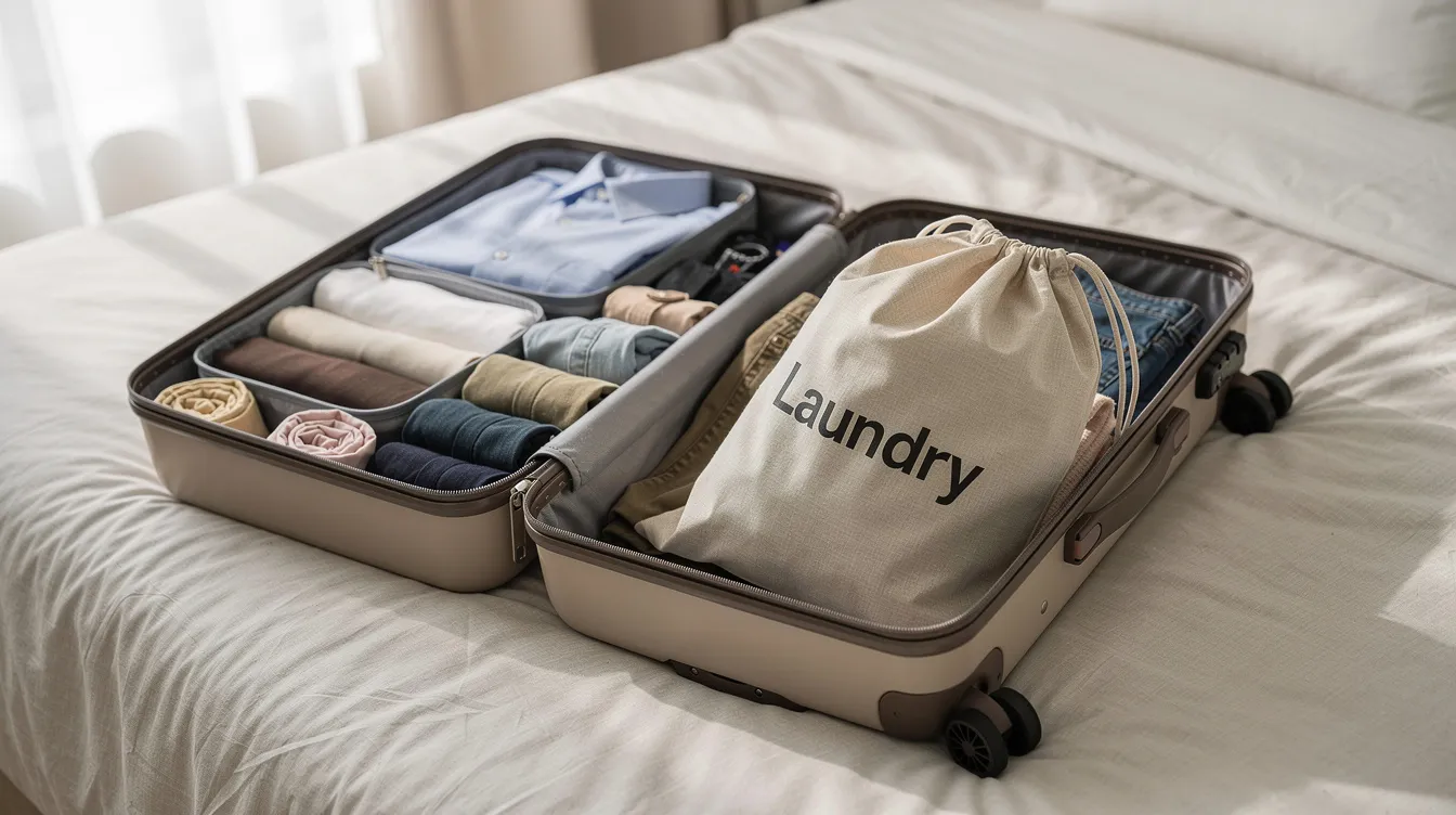 An open suitcase sits on a bed, showcasing neatly organized clothing compartments filled with rolled t-shirts, socks, and underwear, alongside a drawstring laundry bag for dirty clothes. This setup illustrates an efficient way to pack light for a weekend trip, making it easy to manage clean and dirty laundry while traveling.