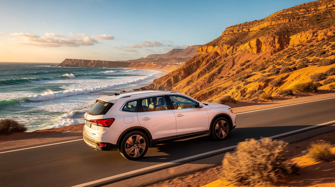 Un SUV blanco avanza por una carretera costera escénica de Marruecos, rodeado de impresionantes acantilados y el sonido de las olas del océano. Este vehículo es ideal para un viaje memorable, ofreciendo comodidad y estilo en cada momento.