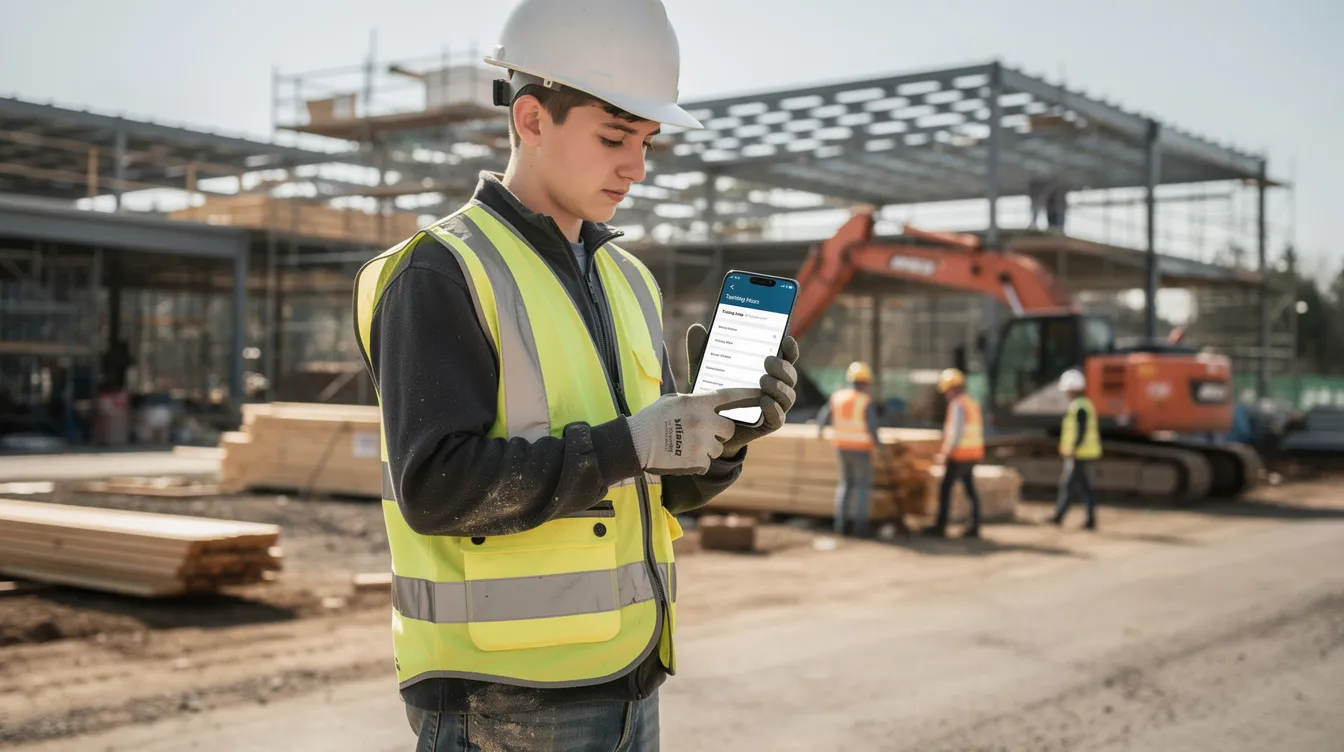 Construction apprentice using a smartphone to log their on-the-job training hours on a job site.