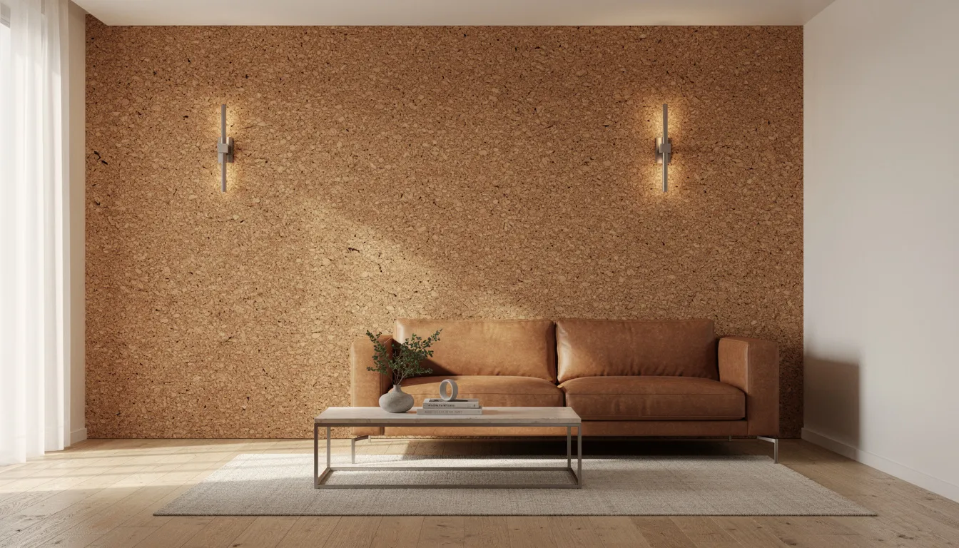 Een moderne woonkamer met een warm kurk wandpaneel dat verlicht wordt door stijlvolle design wandlampen, naast een comfortabele leren bank. De natuurlijke uitstraling van de kurkpanelen draagt bij aan een rustige sfeer en verbeterde akoestiek in de ruimte.