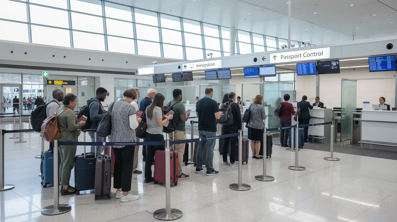 A line of travelers, including various visa applicants, is waiting at an airport immigration checkpoint, where signs indicate the required steps in the e visa approval system. The atmosphere is filled with anticipation as individuals prepare to present their documents for approval.