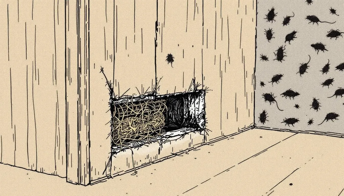 A visual guide showing sealed entry points in a home to prevent rat infestations, with blurred images of rat droppings in the background.