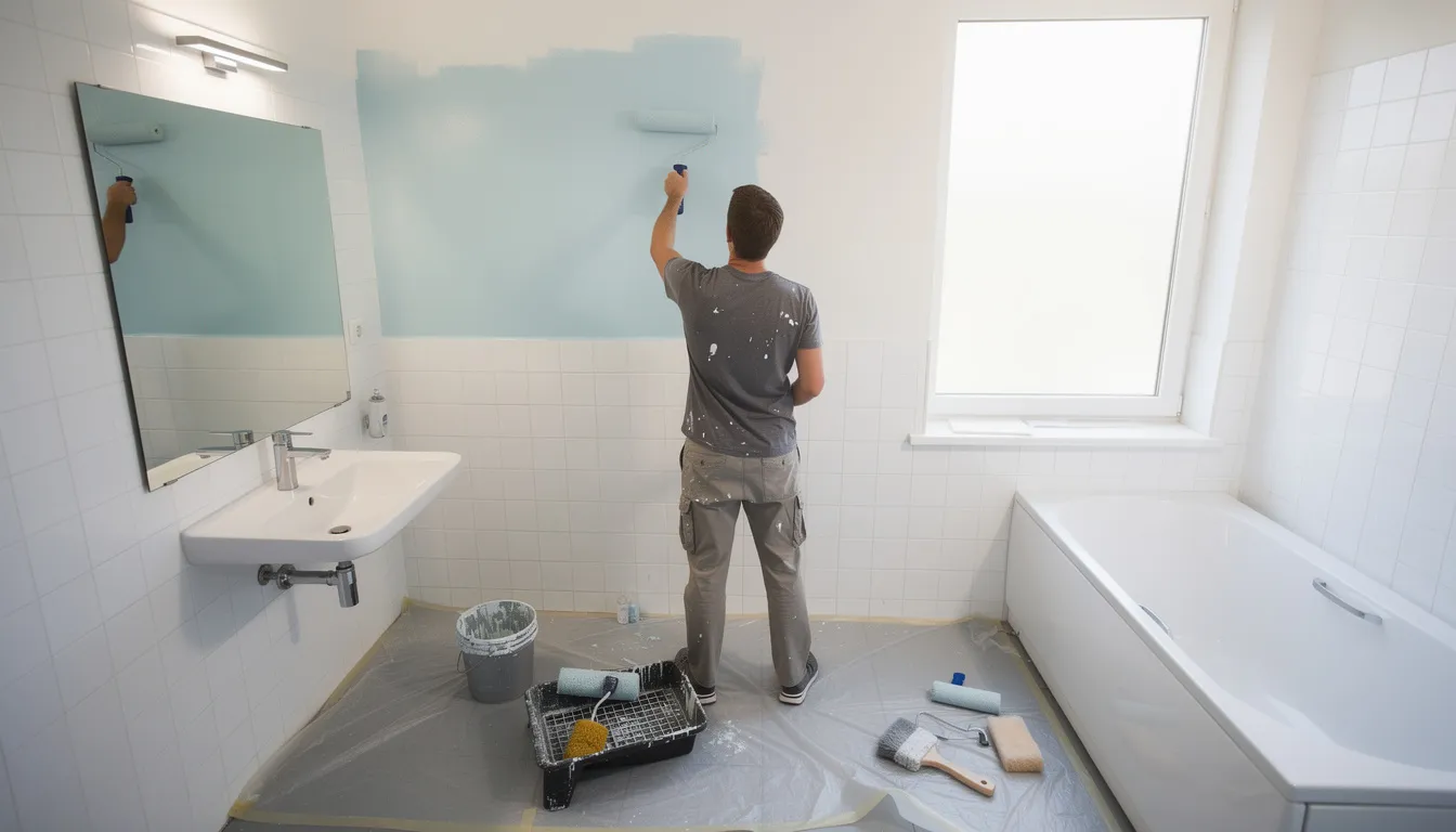 A person is painting the walls of a small bathroom with a roller, preparing for a bathroom renovation project. The scene highlights the transformation process, emphasizing the importance of planning ahead to manage the average bathroom renovation cost effectively.