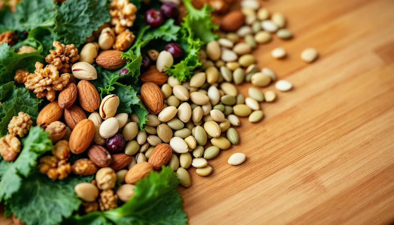 The image features a close-up view of various nuts, seeds, and dark leafy greens artistically arranged on a rustic wooden surface, highlighting essential nutrients that support mental and physical health, including magnesium and vitamin B6. This vibrant display emphasizes the importance of a balanced diet for overall well-being and may contribute to improved mood and cognitive function.