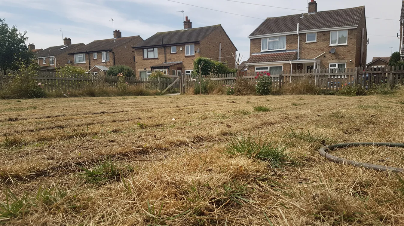The image depicts a dry, patchy lawn in the UK, showing signs of moisture loss due to hot weather and dry conditions. The grass appears brown and sparse, indicating the need for regular watering and lawn care to help conserve water and retain moisture during the summer months.