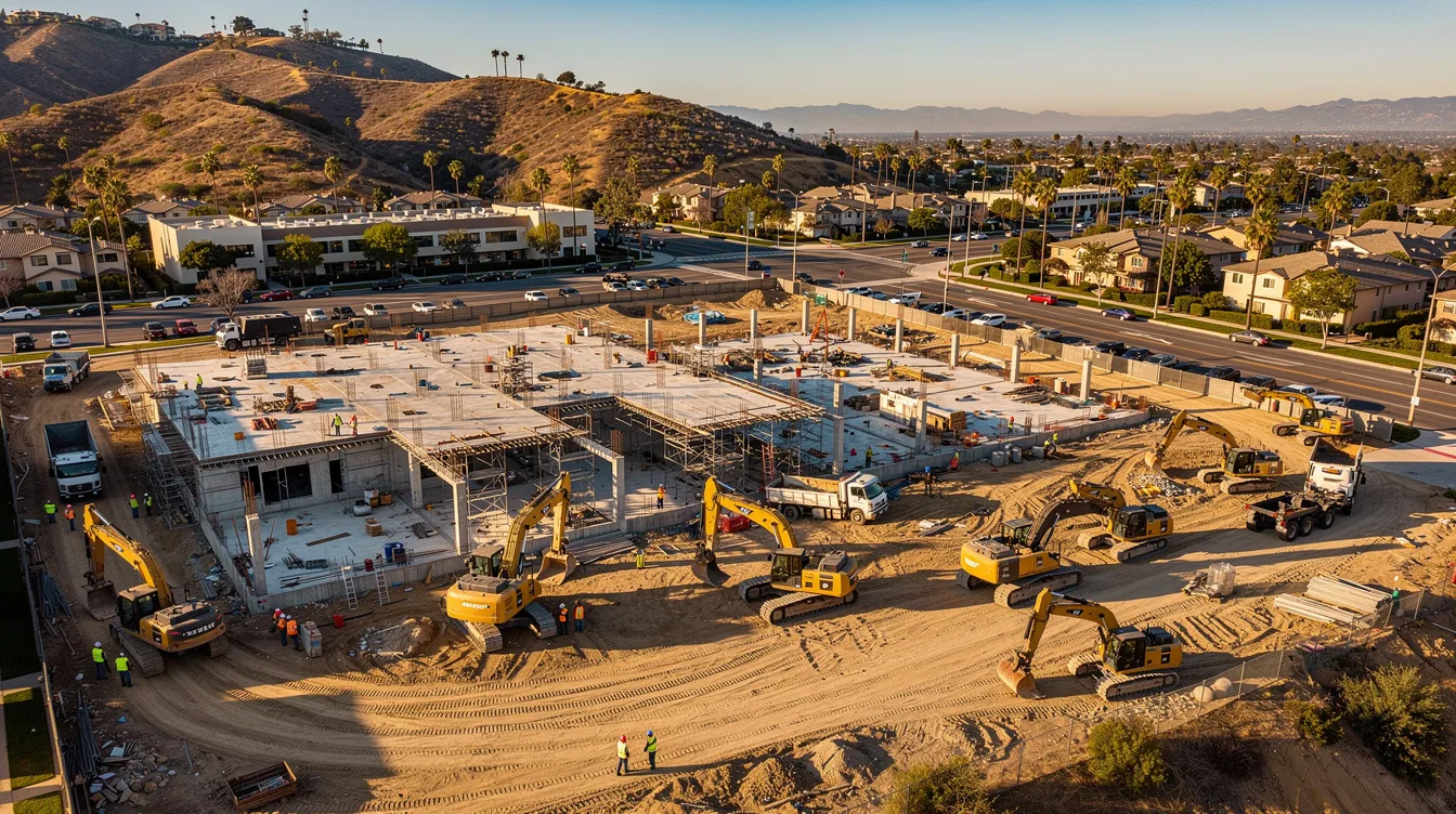 An aerial view captures a large construction project in Southern California, showcasing various teams and equipment actively working on the site. The image highlights the integration of advanced AI tools and automated systems, emphasizing the importance of compliance with labor regulations and prevailing wage laws in the construction industry.