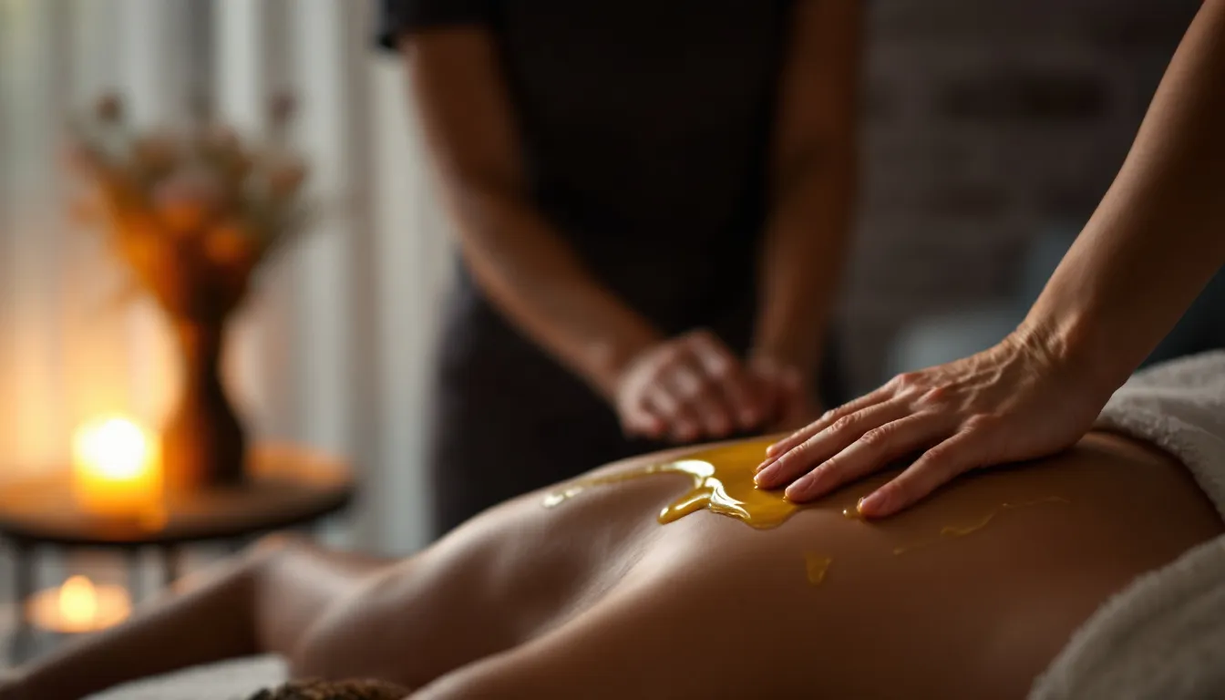 In the image, a person is receiving a soothing back massage with cbd massage olie, highlighting the therapeutic effects of the oil on the skin and muscles. The scene emphasizes relaxation and wellness, showcasing the use of zelfgemaakte cbd olie for improved blood circulation and overall wellbeing.