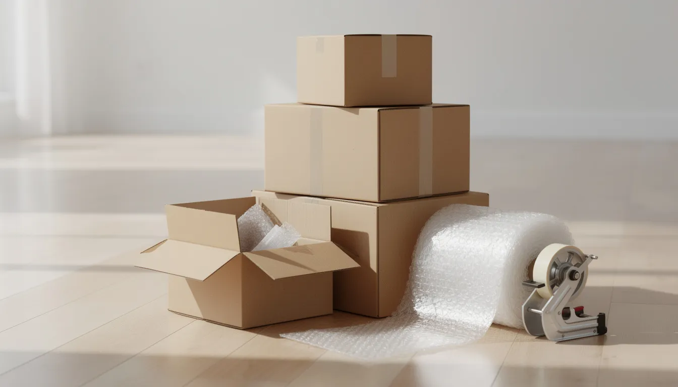 A stack of professional moving boxes sits neatly on a clean floor, accompanied by bubble wrap and packing tape, showcasing high-quality packing materials essential for a stress-free relocation process. This image highlights the tools used by experienced movers and packers to ensure valuable items are transported safely.