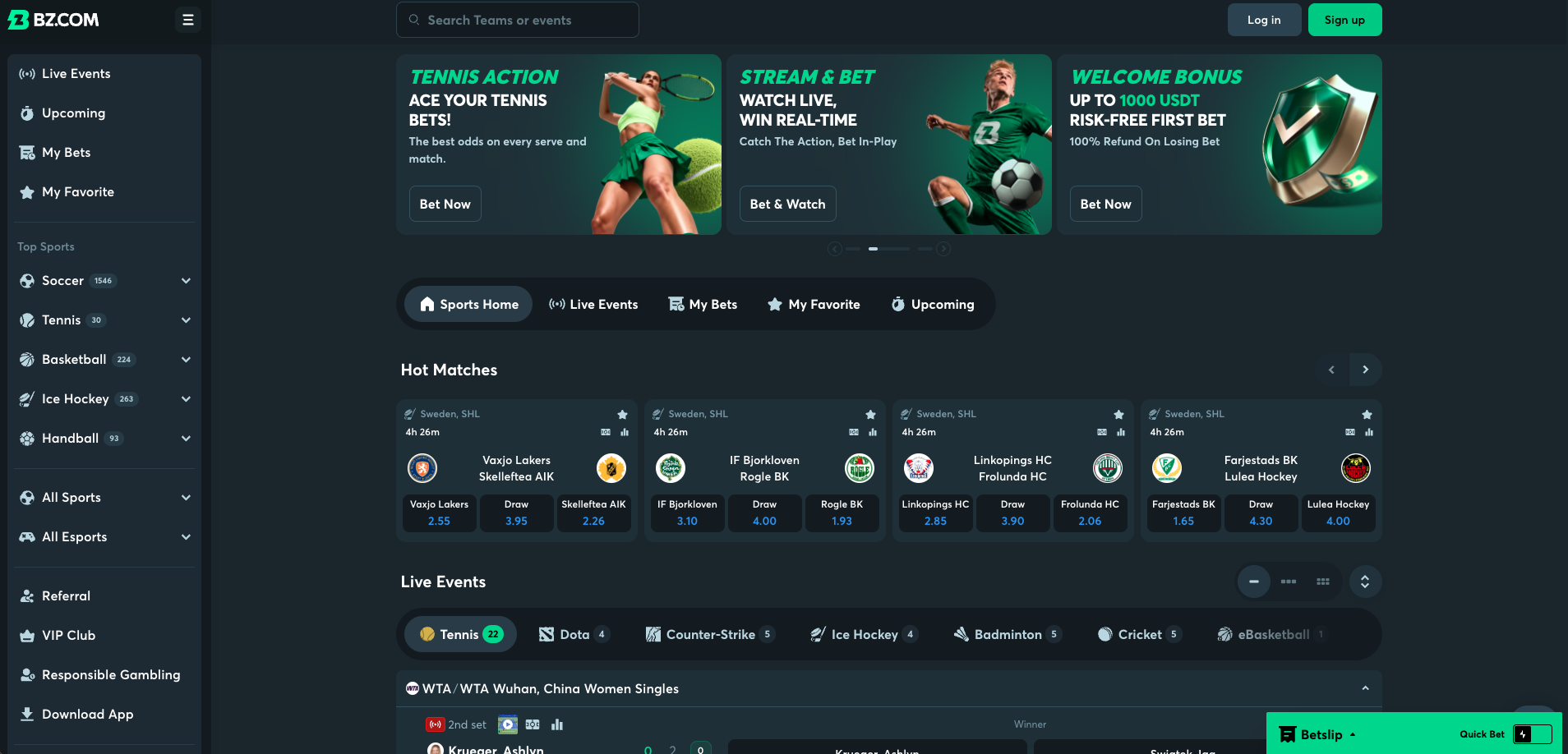 BZ.COM sportsbook homepage displaying sports betting markets, live events, betting odds and a welcome bonus.