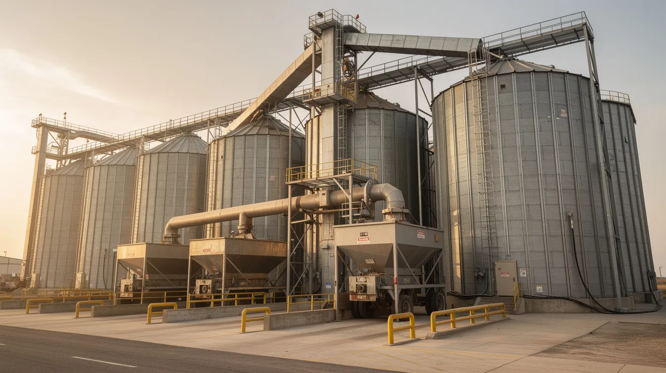 The image depicts a large grain processing facility featuring towering industrial bulk storage silos and extensive conveyor systems, essential for efficient plant operations in the pulses processing sector. This setup supports the production of plant proteins, including pea protein concentrates, while ensuring high production capacity utilization and quality control systems for sustainable food production.