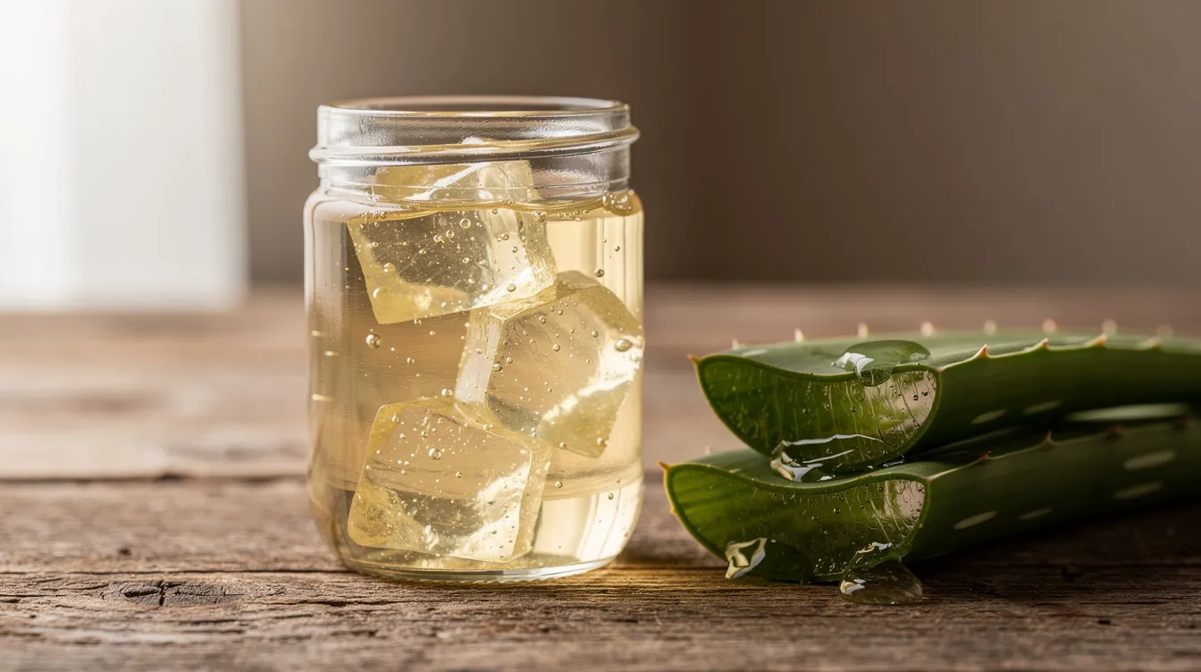 A glass mason jar filled with pale golden homemade aloe vera oil and pieces of aloe vera gel sits on a rustic wooden table, accompanied by fresh aloe leaves. This natural remedy is known for its soothing properties, making it ideal for sensitive skin and various skin conditions.