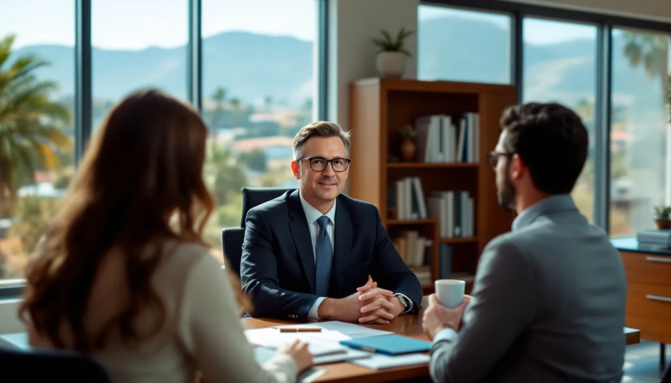 In the image, attorney Andrew Gilliland is meeting with clients in his office, which features a scenic view of Orange County, California in the background. The setting suggests a professional environment focused on resolving complex estate disputes, where the attorney offers guidance on legal documents and alternative dispute resolution methods to help the parties involved reach a fair resolution.