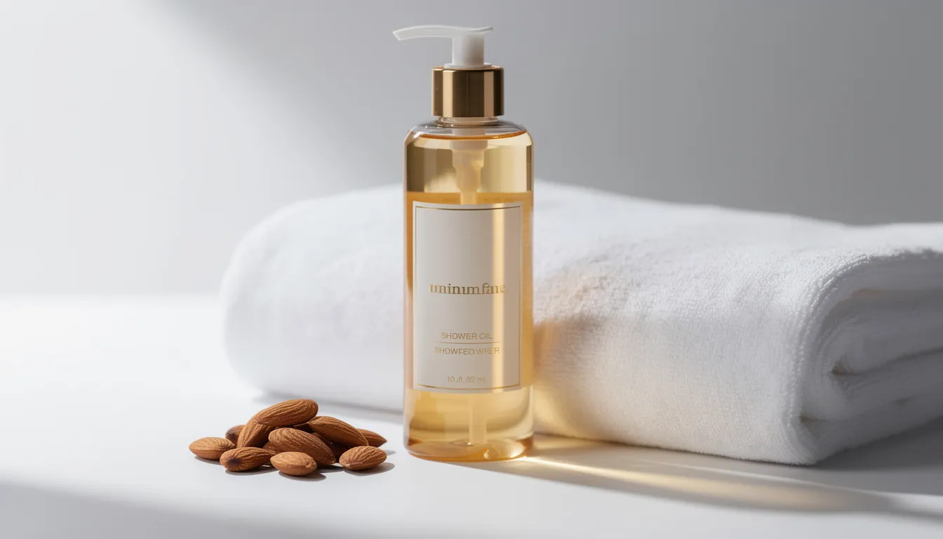 The image features a bottle of L'Occitane almond shower oil alongside a fluffy towel and a handful of almonds, highlighting the nourishing oils and subtle almond scent that promise to leave your skin feeling soft and hydrated. This luxurious body wash is perfect for sensitive skin, transforming your shower routine into a pampering experience.