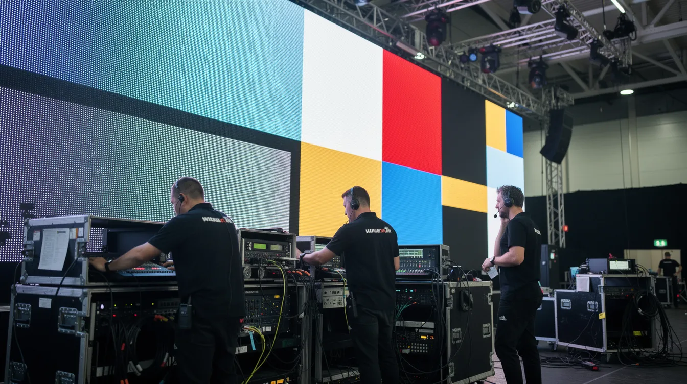A team of professional AV technicians in black shirts is diligently working behind a large LED video wall during the setup for a trade show event. The scene highlights their expertise in creating eye-catching visuals and interactive displays that will enhance the overall experience for attendees.