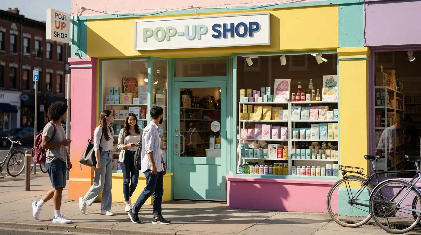 Small storefront with a pop-up shop sign on a city street.