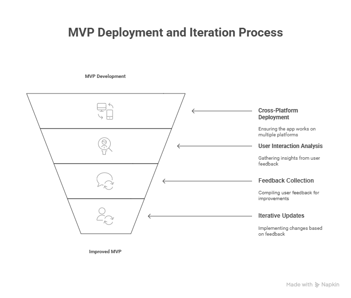 MVP deployment and iteration: Cross-platform, user analysis, feedback, updates.