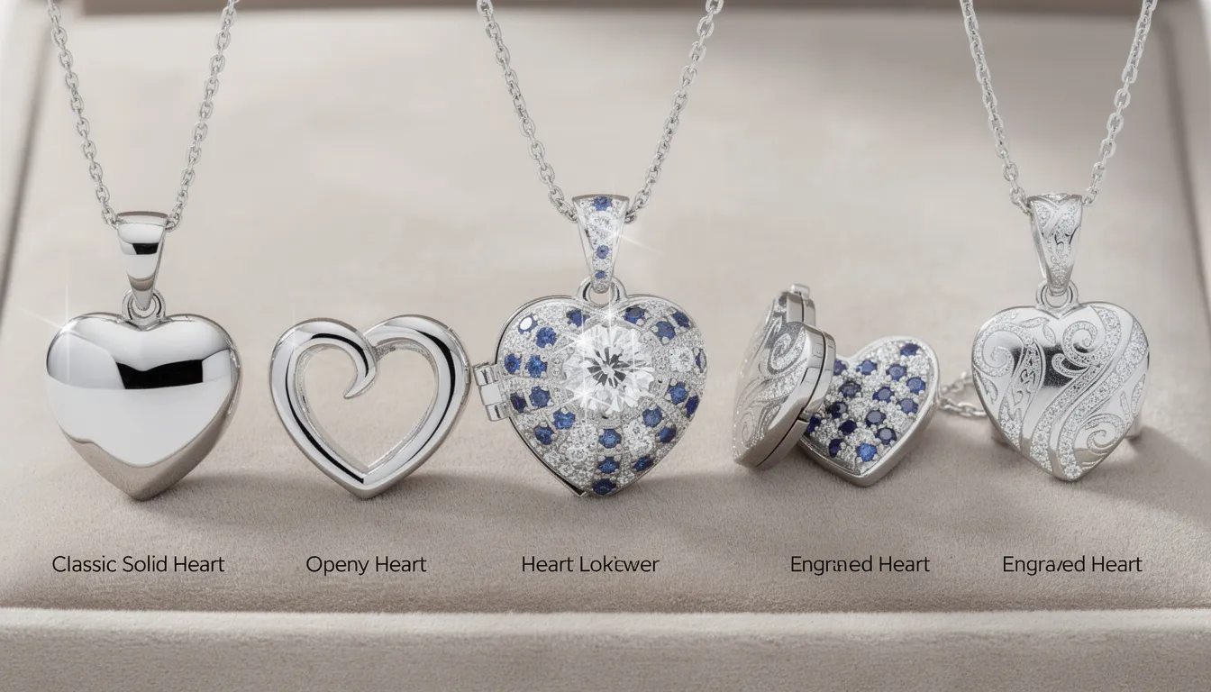 The image showcases a variety of silver heart pendant necklaces, including classic solid hearts, open hearts, and heart lockets, each designed to reflect affection and elegance. Some pendants are adorned with sparkling stones, enhancing their luxurious appeal, making them perfect gifts for loved ones.
