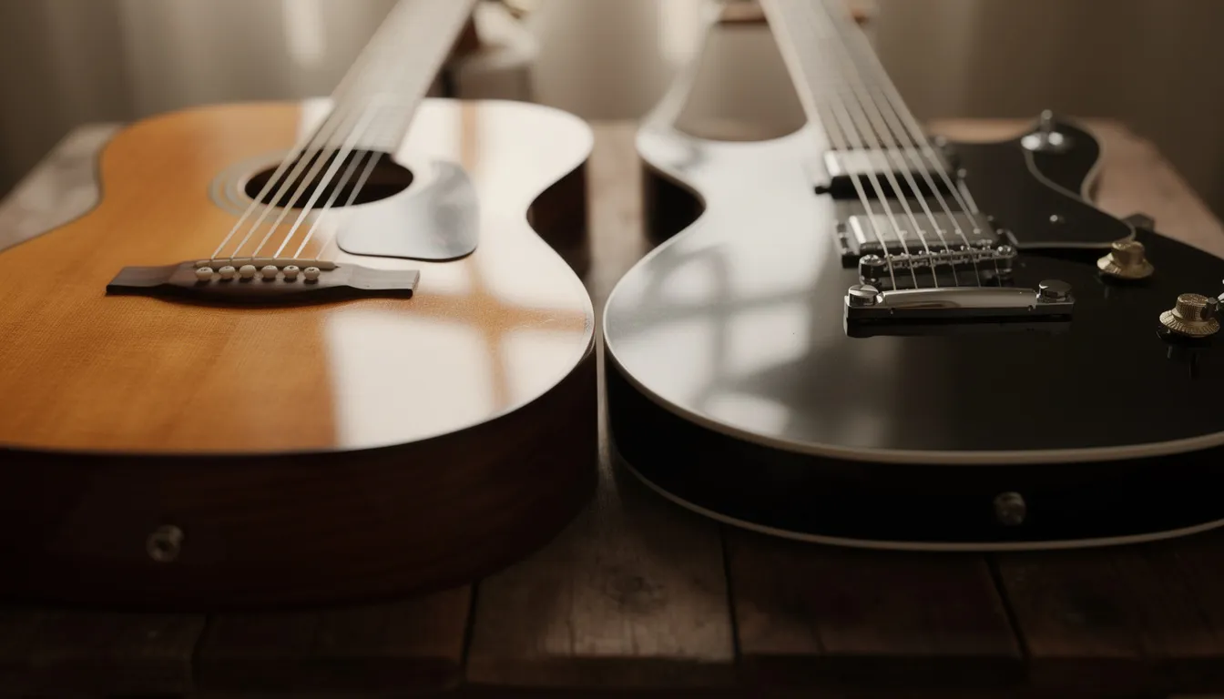 Die Nahaufnahme zeigt eine gepflegte Akustikgitarre und eine E-Gitarre, die nebeneinander auf einem Holztisch liegen. Beide Instrumente sind in ausgezeichnetem Zustand, was auf sorgfältige Gitarrenpflege hinweist, und die Oberflächen reflektieren das Licht, während das Holz des Griffbretts gut gereinigt und poliert aussieht.