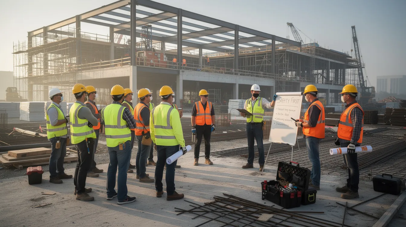 A group of construction workers, all wearing hard hats and safety vests, gathers for a morning safety meeting on an active commercial job site, emphasizing the importance of construction safety and proactive risk management. The scene highlights the commitment to workplace safety and the implementation of safety protocols within the construction industry.