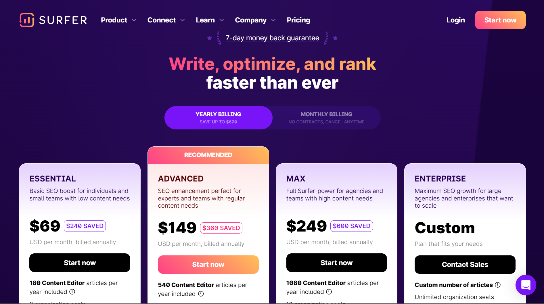 surfer seo pricing page