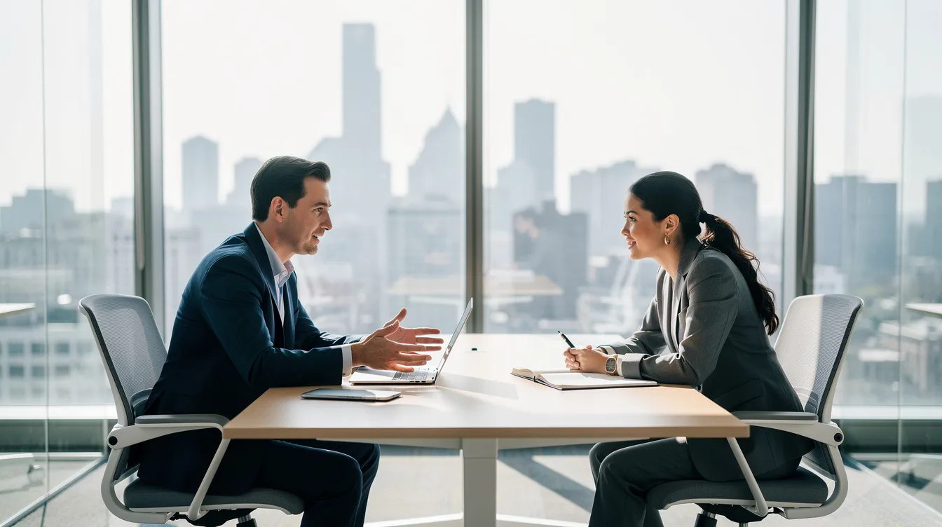 A professional financial advisor is seated at a modern office table, engaged in a discussion with a client about retirement plans, including options like a defined benefit pension plan and individual pension plan (IPP) for tax-deferred growth. The office features contemporary decor, emphasizing a comfortable and professional atmosphere for discussing retirement income strategies.