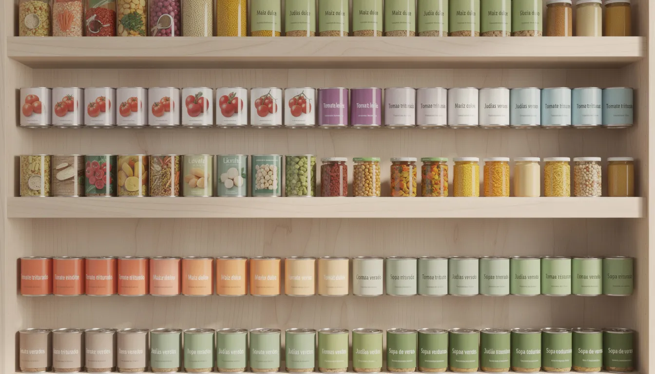 Imagen de una despensa organizada con estanterías de madera, donde las latas de alimentos enlatados están ordenadas por tipo y etiquetadas claramente, lo que facilita su identificación y selección. La disposición ordenada sugiere un enfoque en la conservación y almacenamiento adecuado de los productos.