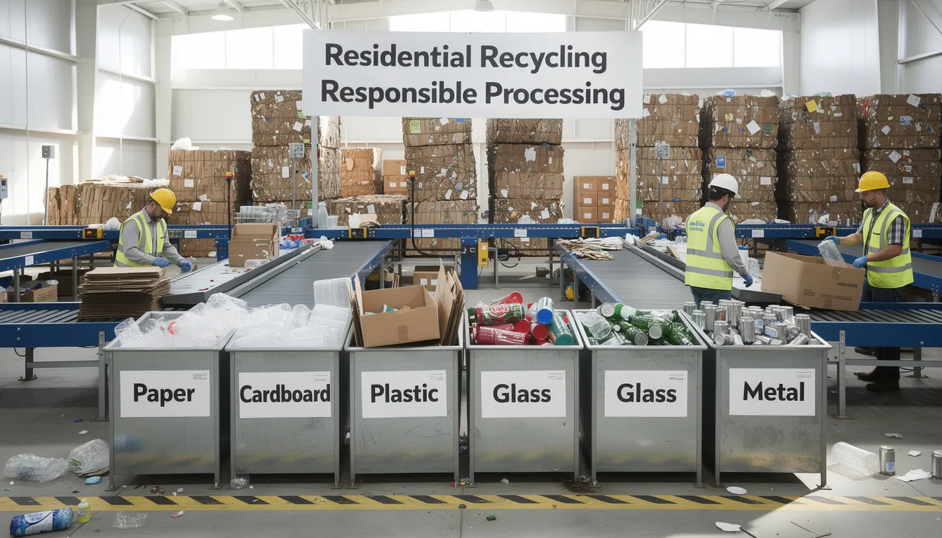 The image depicts a recycling center where sorted materials from home cleanouts are being processed responsibly. Various unwanted items, including furniture and appliances, are organized for efficient recycling, showcasing a professional team dedicated to providing estate cleanouts in a timely manner.