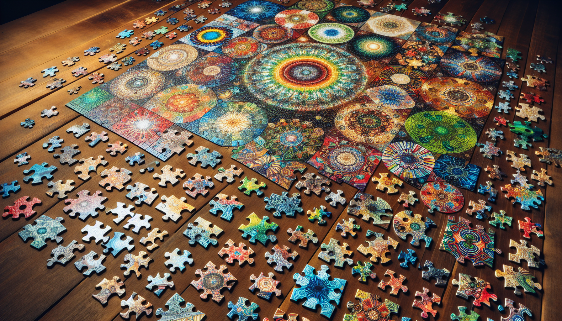 A variety of jigsaw puzzles spread out on a table