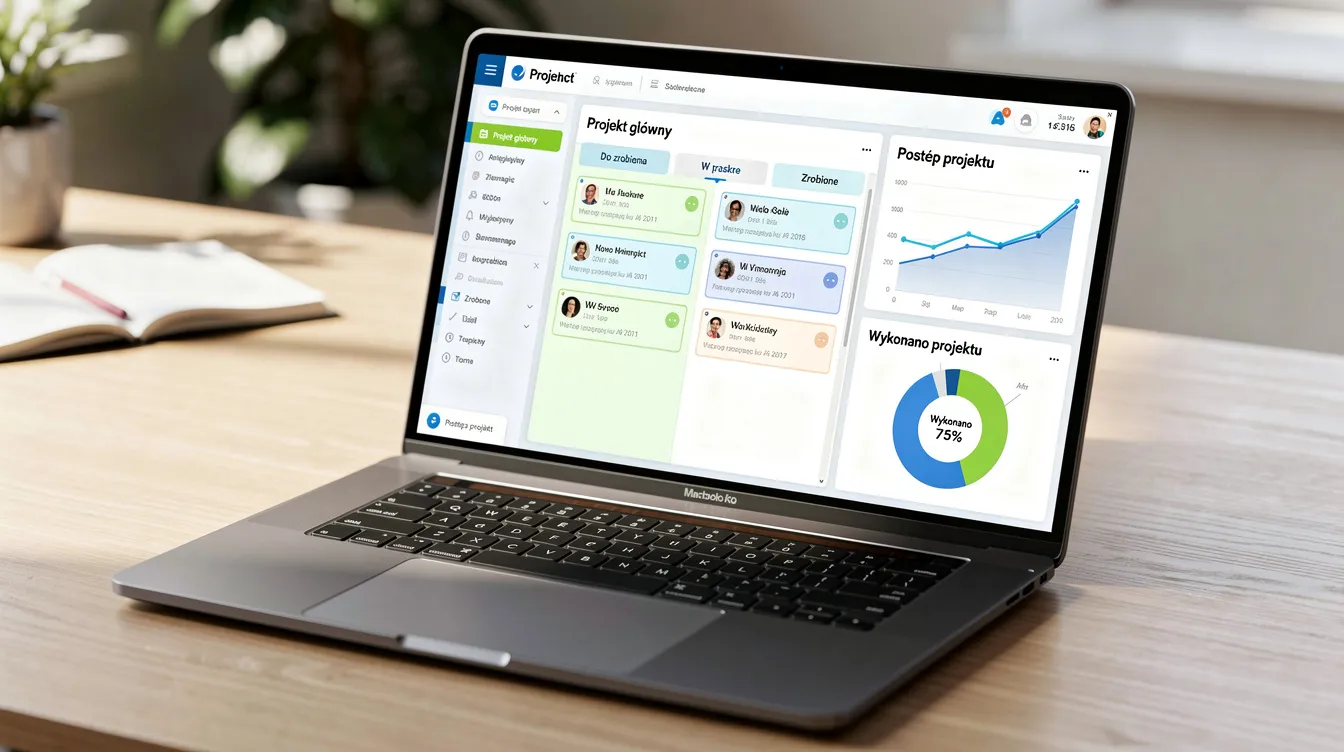 Na obrazie widoczny jest laptop z otwartym dashboardem projektowym, na którym znajdują się wykresy ilustrujące postęp realizacji projektów. Ekran przedstawia dane dotyczące planowania projektu oraz efektywnego zarządzania zespołem projektowym, co jest istotne dla sukcesu projektu.
