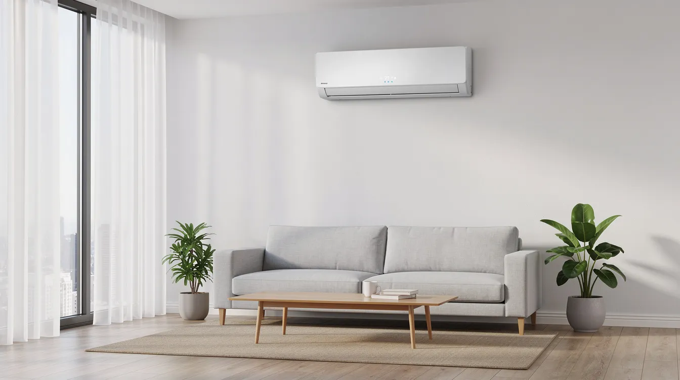 A modern wall-mounted split air conditioner is prominently installed in a bright, contemporary living room featuring large windows and neutral-colored furniture, providing a comfortable and energy-efficient climate control solution for the space. This air conditioning unit exemplifies reliability and effectiveness, making it an ideal choice for residential settings.