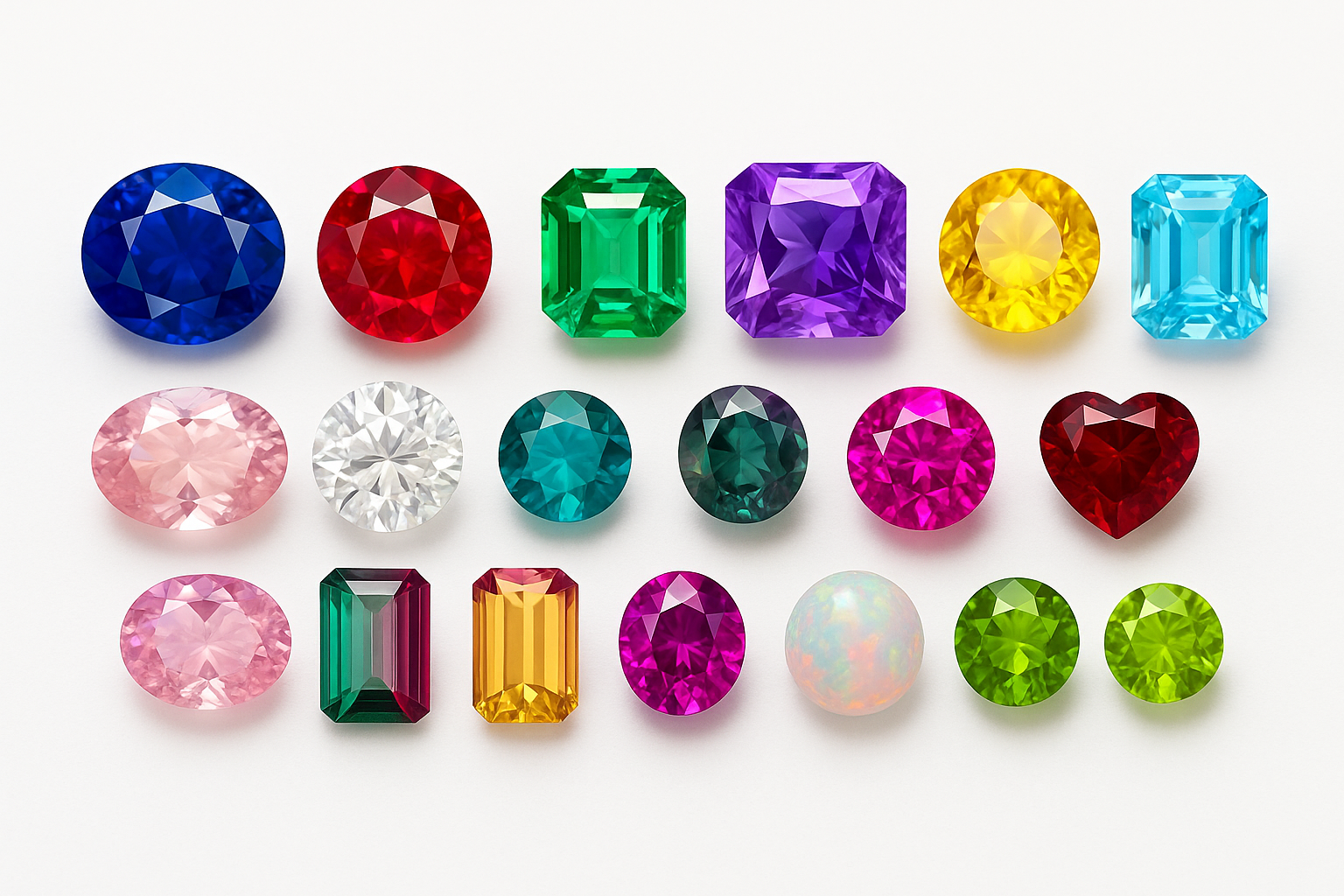 Spalvoti brangakmeniai: mėlynas safyras, raudonas rubinas, žalias smaragdas, violetinis ametistas, žydras topazas, geltonas citrinas, šviesiai mėlynas akvamarinas, rožinis morganitas, skaidrus kvarcas, dviejų spalvų turmalinas, spalvą keičiantis aleksandritas, fuksijos atspalvio spinelis, daugiaspalvis opalas, tamsiai raudonas granatas ir ryškiai žalias peridotas