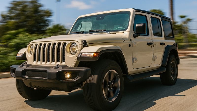 A Jeep zooming by on the road wrapped in dessert tan wrap