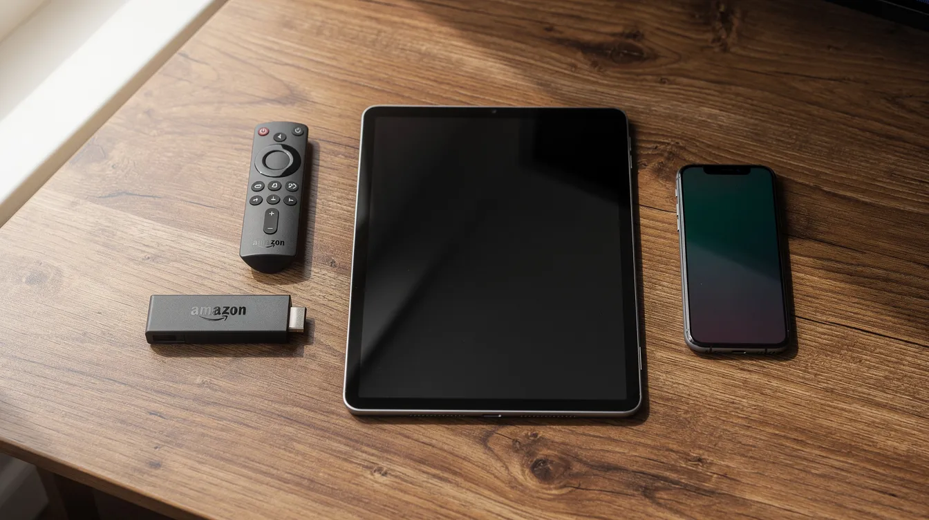 The image features a variety of streaming devices, including a Firestick, tablet, smartphone, and a smart TV remote, all neatly arranged on a wooden table. These devices represent popular options for accessing IPTV services, allowing users to enjoy live TV channels and on-demand content.