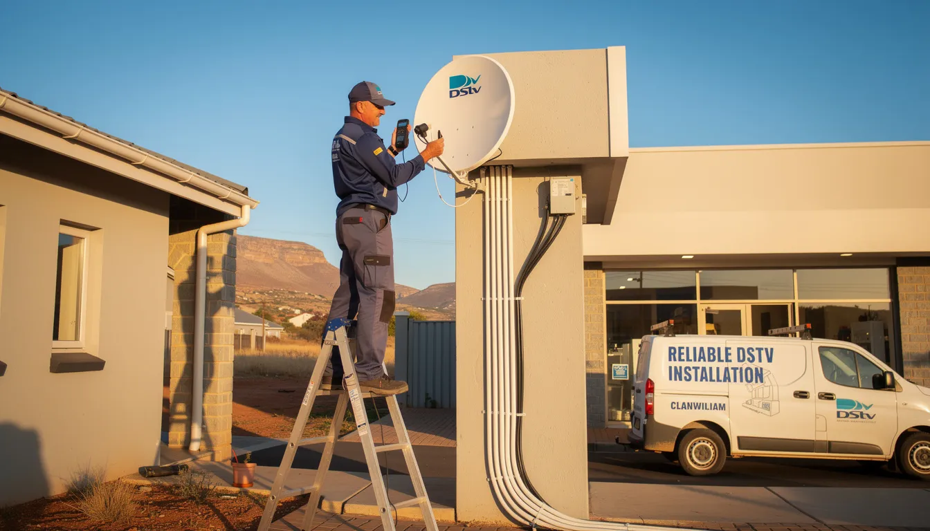 The image depicts a team of professional DSTV installers in Clanwilliam, expertly setting up a satellite dish on a residential roof, ensuring strong signal reception. Their reliable DSTV installation services cater to both homes and businesses, showcasing their commitment to high-quality workmanship and customer satisfaction.