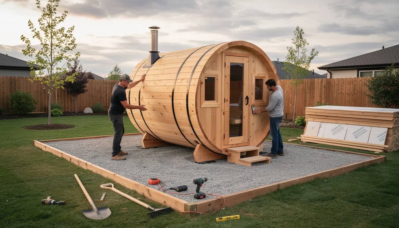 The image shows an outdoor sauna being installed on a gravel foundation in a backyard setting, featuring glass sauna doors that enhance its aesthetic appeal. This sauna, likely a barrel or cabin design, will provide efficient heat retention and proper ventilation for a relaxing experience.
