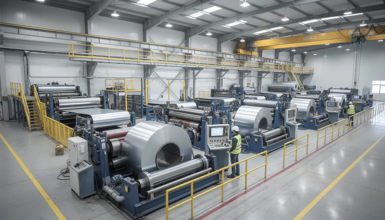 The image shows a metal manufacturing facility equipped with advanced roll forming machinery, where metal roofing and siding products are produced. This industry-leading manufacturer, located in Bossier City, LA, emphasizes quality and customer service in its extensive product offerings.