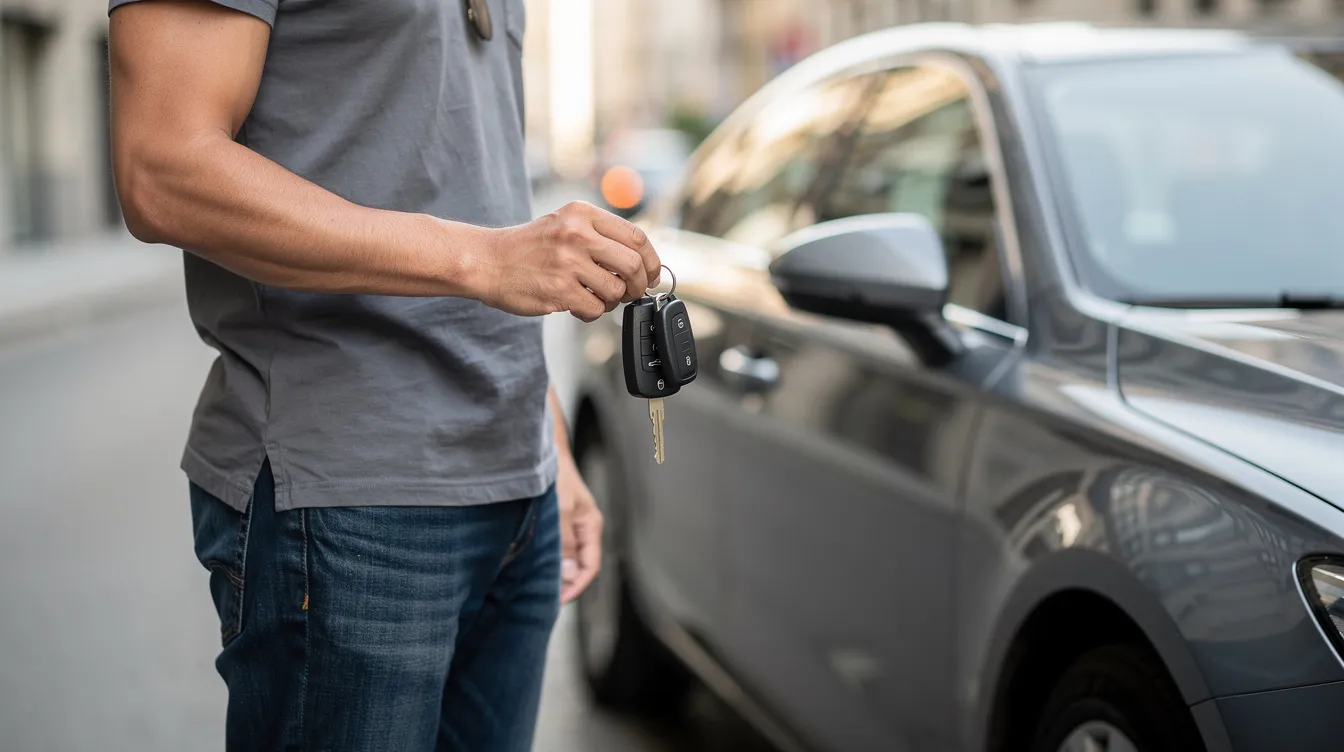 Eine Person hält Autoschlüssel in der Hand und steht neben einem geparkten Fahrzeug. Diese Szene könnte Fragen zur Fahrtüchtigkeit und den Auswirkungen von THC im Körper aufwerfen, insbesondere im Hinblick auf den Konsum von Cannabis und die Nachweisbarkeit in Blut und Urin.