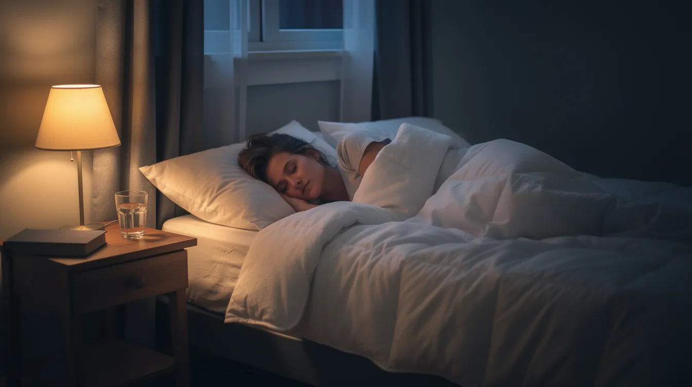 A person is sleeping peacefully in a dimly lit bedroom, embodying the essence of healthy sleep habits, while their serene expression suggests a deep and uninterrupted slumber. This tranquil scene highlights the importance of good sleep hygiene and the potential impact of sleep disorders on overall well-being.