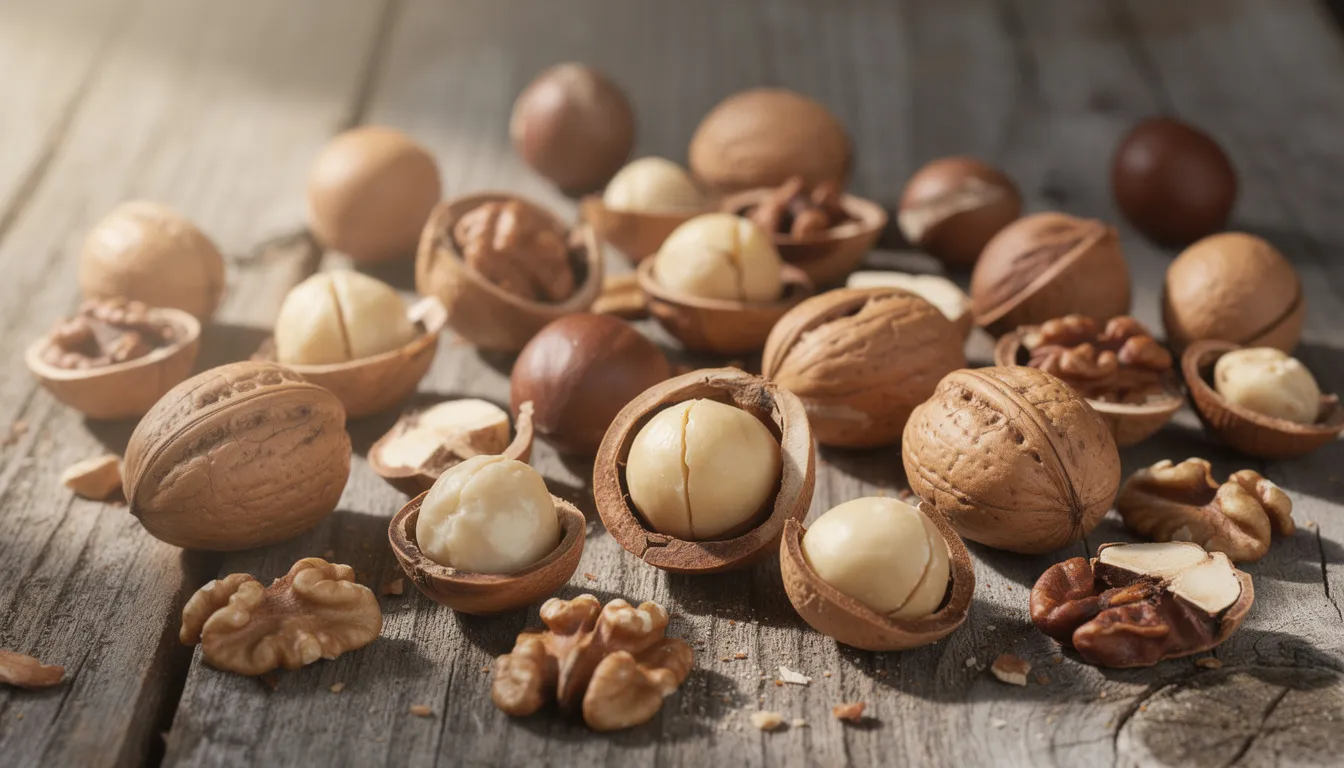 The close-up image showcases a variety of whole nuts, including macadamia nuts and walnuts, scattered on a weathered wooden surface, illuminated by natural light. This arrangement emphasizes the health benefits of incorporating nuts into a diet, highlighting their role as sources of healthy unsaturated fats that support heart and brain health.