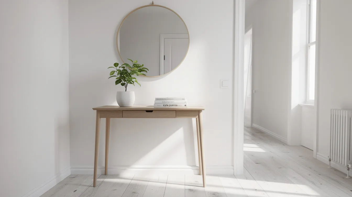 Ett smalt konsolbord i ljus ek står i en ljus skandinavisk hall, med en spegel ovanför och en liten växt som pryder bordsskivan. Bordet erbjuder en praktisk avlastningsyta och passar perfekt in i hemmets inredningsstil.