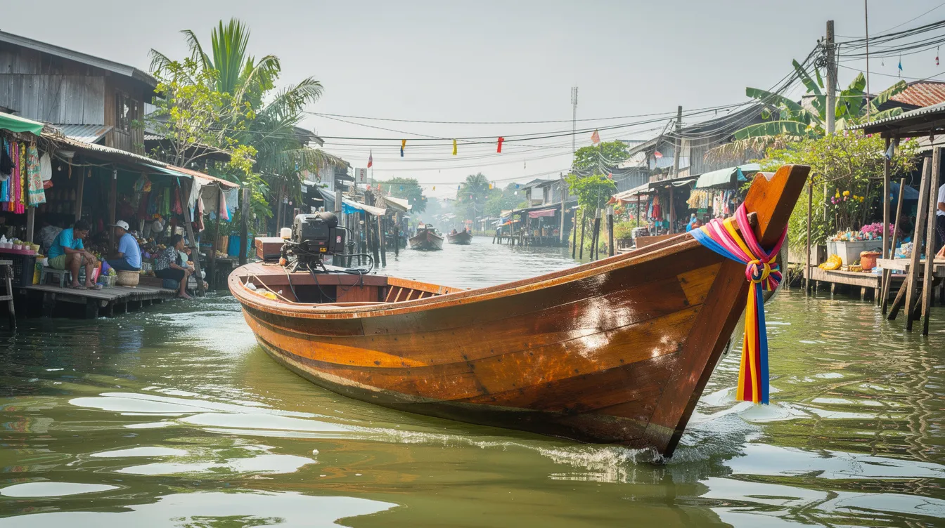Um barco de teca navega pelo rio Chao Phraya em Bangkok, com vista para os famosos templos budistas, como o Templo do Amanhecer e o Wat Phra Kaew, que são pontos turísticos icônicos da capital tailandesa. A imagem captura a essência da vida na cidade, cercada por cultura, tradições e a movimentação dos mercados flutuantes.