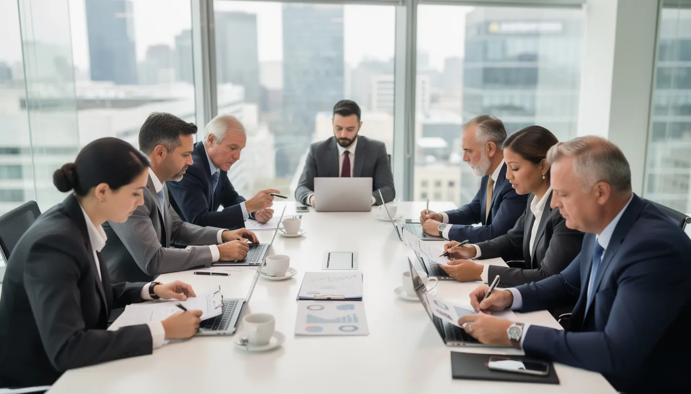 The image shows a group of business owners gathered around a conference table, intently reviewing documents that likely pertain to key person disability insurance and its impact on their business operations. They are discussing essential details regarding financial protection and the importance of coverage for key employees to ensure business continuity and stability.