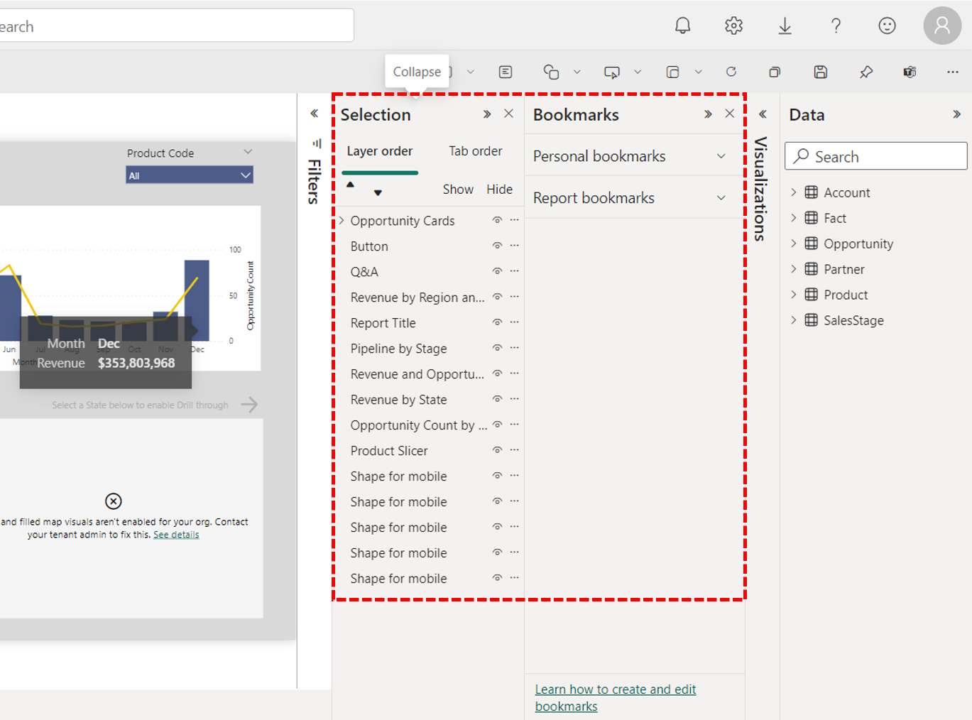 Selection and bookmarks pane in Power BI