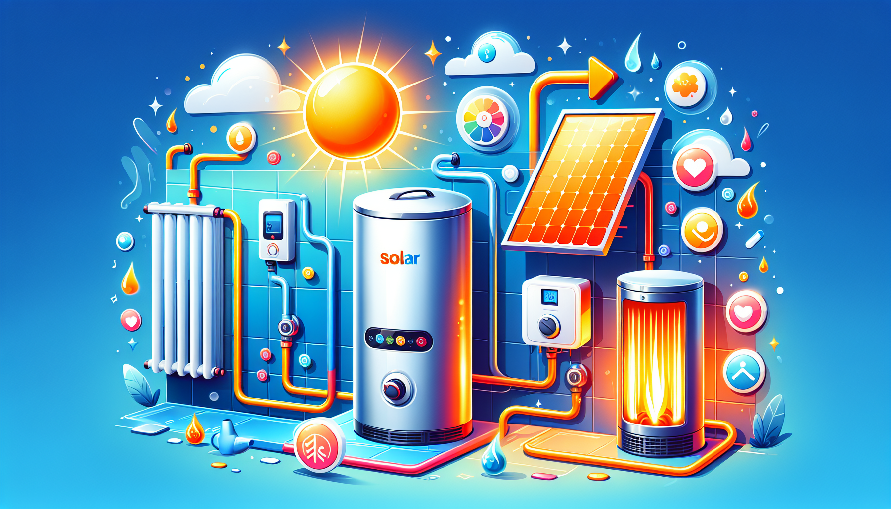 An illustration showing various types of hot water heater systems including solar and electric models.